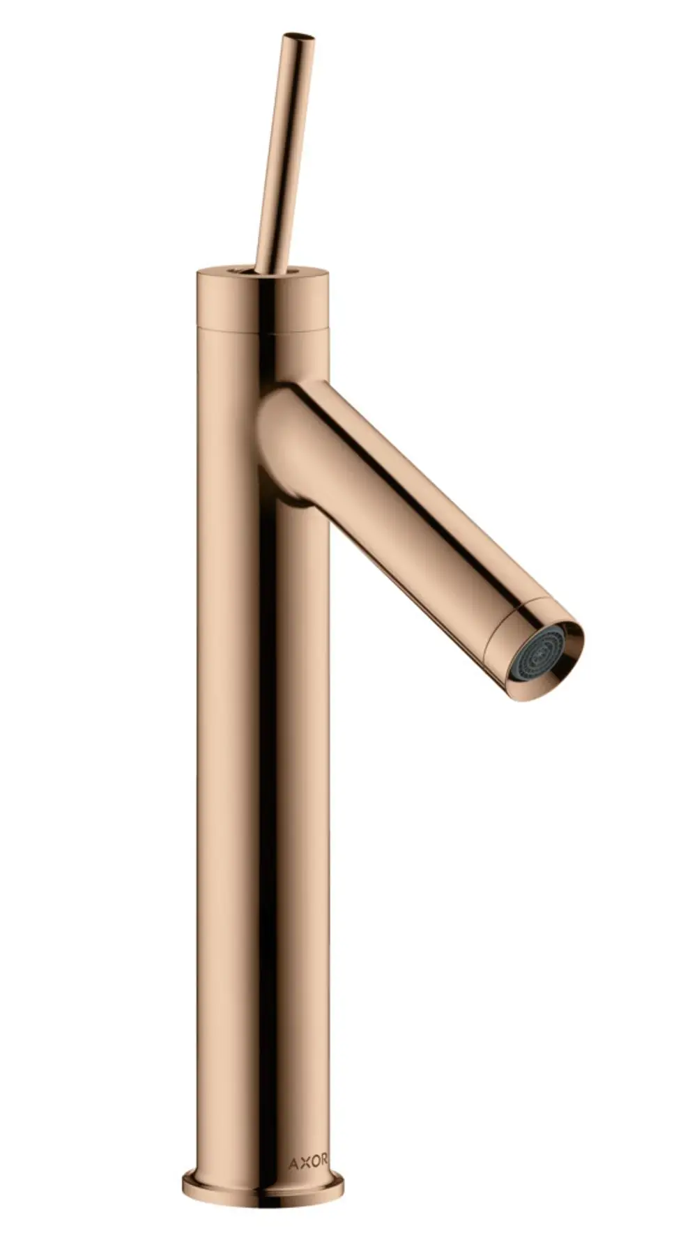 Ein AXOR-Waschtischmischer in Polished Red Gold mit schmalem, geradem Hebel und einem runden Auslauf, der auf einem stabilen Fuß montiert ist.